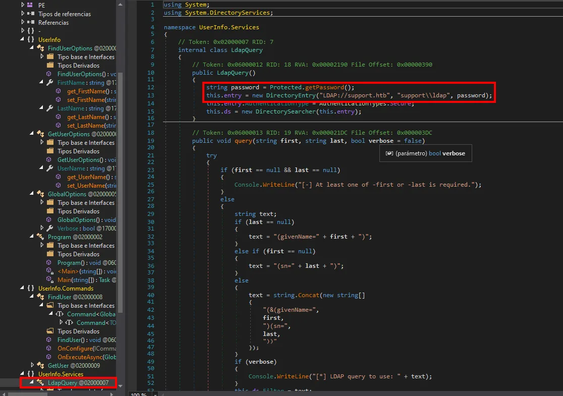 dnSpy con la clase LdapQuery abierta: el constructor obtiene la contraseña de Protected.getPassword y crea un DirectoryEntry contra LDAP://support.htb con el usuario support\ldap