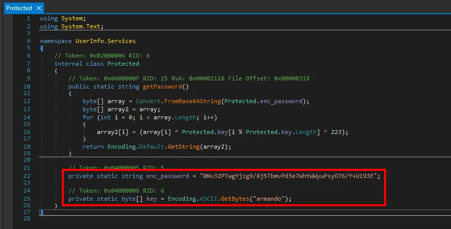 la clase Protected con getPassword, que hace un FromBase64String de enc_password y aplica un XOR con la clave y con 223; abajo, enc_password y la clave armando resaltadas