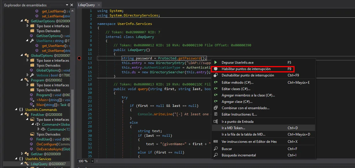 el menú contextual de dnSpy sobre la línea string password = Protected.getPassword(), con la opción Habilitar puntos de interrupción (F9) resaltada