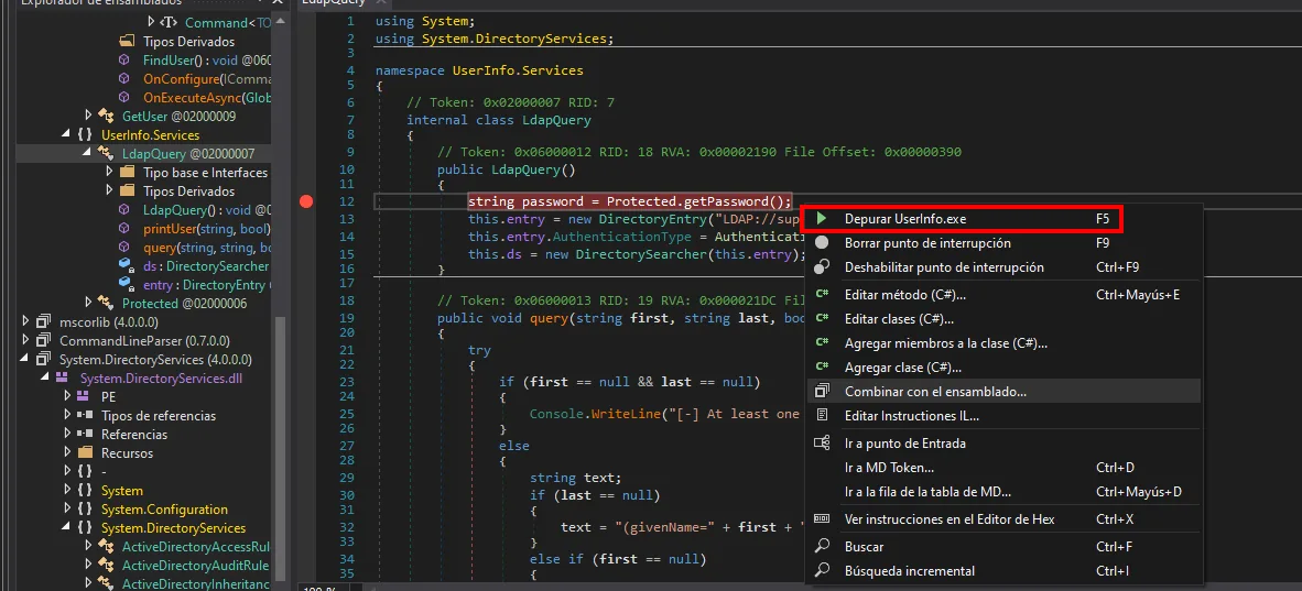 el mismo menú contextual con la opción Depurar UserInfo.exe (F5) resaltada