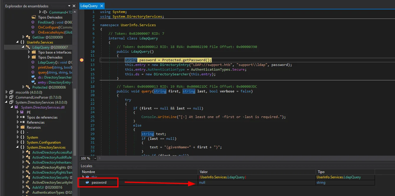 el panel Locales de dnSpy con la variable password marcada en null, con la ejecución detenida en la línea del breakpoint