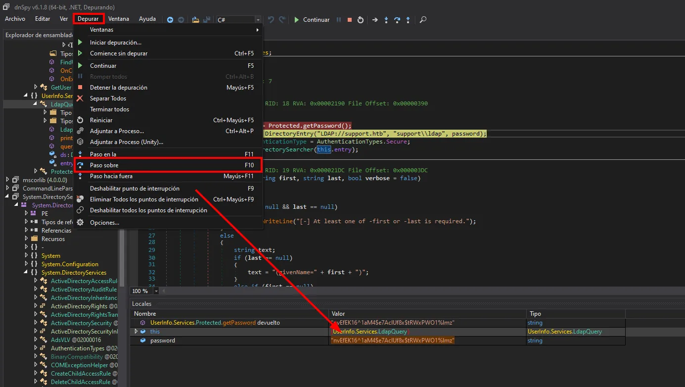 dnSpy: breakpoint en LdapQuery revela la contraseña de la cuenta ldap en memoria