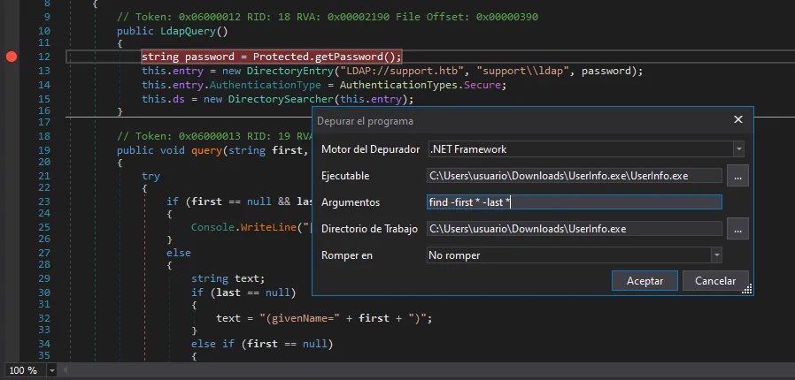 el diálogo Depurar el programa de dnSpy con el motor .NET Framework, el ejecutable UserInfo.exe y el campo Argumentos relleno con find -first * -last *