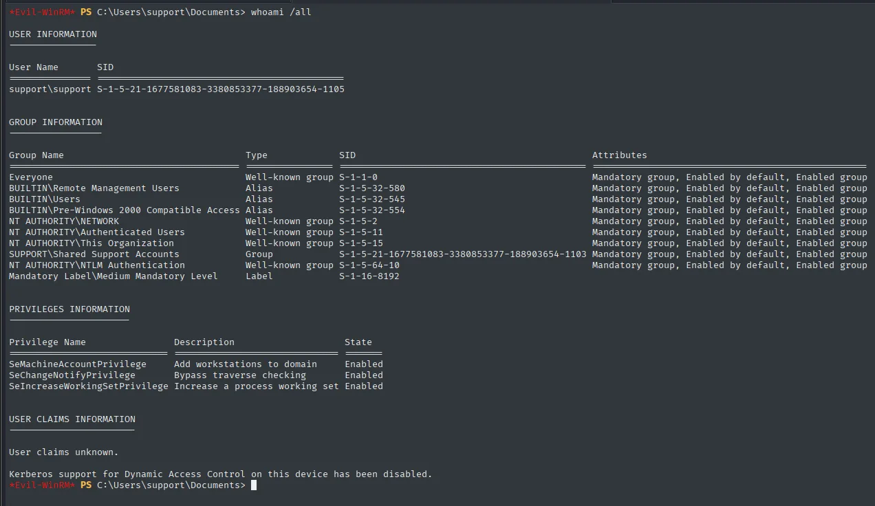 whoami /all: grupo Shared Support Accounts y SeMachineAccountPrivilege habilitado