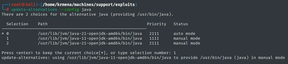 update-alternatives lista java-21-openjdk y java-11-openjdk, y se selecciona la opción 1, la 11, en modo manual