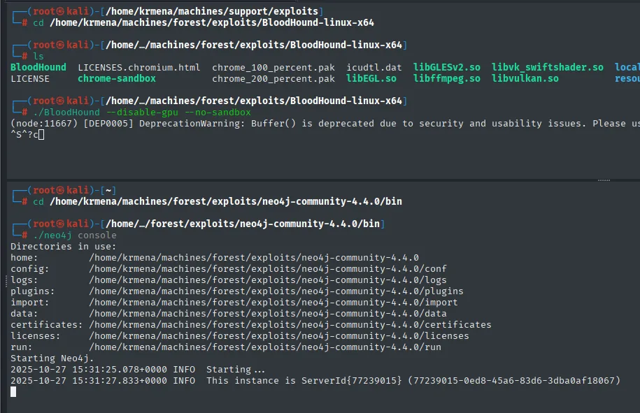 a la izquierda BloodHound arrancando y abajo neo4j levantando el servidor con su ServerId
