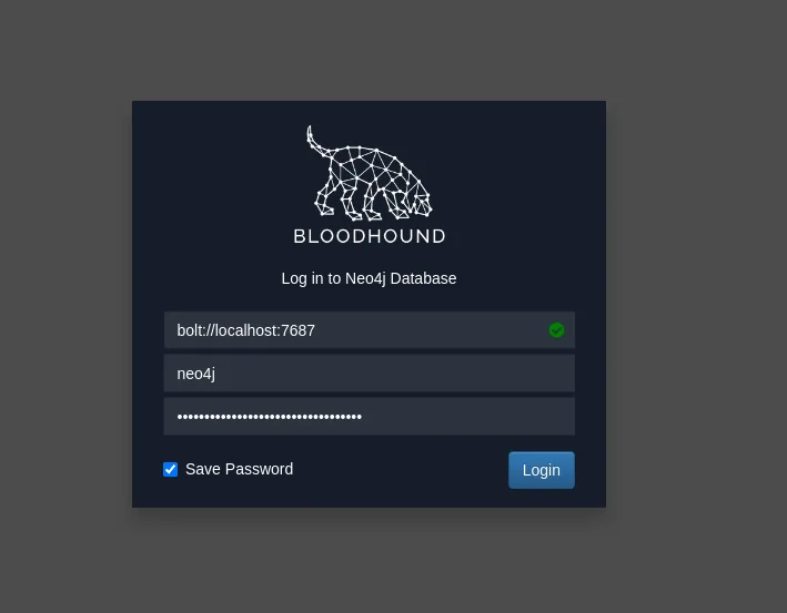 la pantalla de login de BloodHound contra bolt://localhost:7687 con el usuario neo4j y la contraseña rellenos
