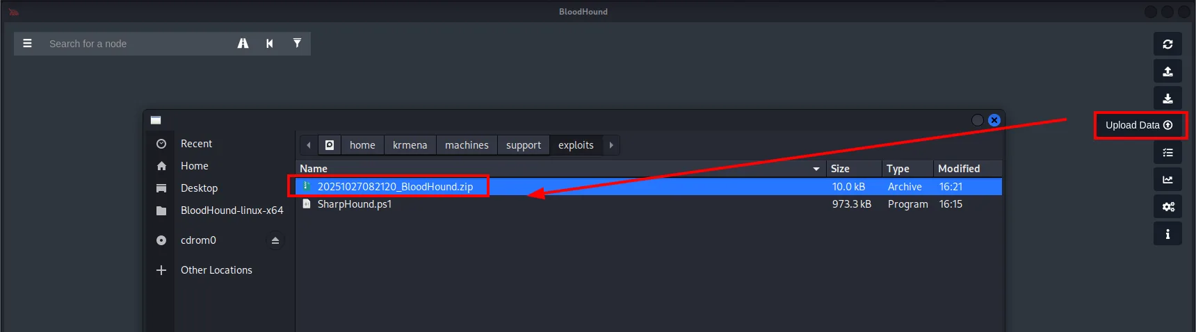 la interfaz de BloodHound con el boton Upload Data resaltado a la derecha y el selector de ficheros abierto sobre el directorio de exploits, con el 20251027082120_BloodHound.zip de 10 kB seleccionado