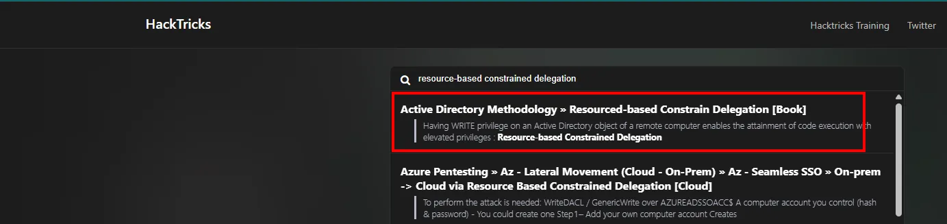 la búsqueda de "resource-based constrained delegation" en HackTricks devuelve la entrada Active Directory Methodology, Resourced-based Constrain Delegation