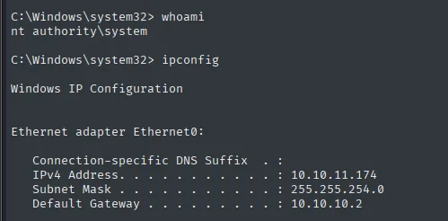 la shell de psexec devuelve nt authority\system y el ipconfig confirma que estamos en 10.10.11.174