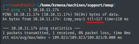 el ping a 10.10.11.174 responde con ttl=127, un paquete enviado y uno recibido sin pérdida
