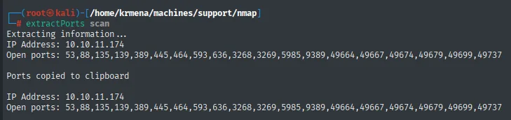 extractPorts devuelve IP Address 10.10.11.174 y la lista completa de 19 puertos abiertos, copiada al portapapeles