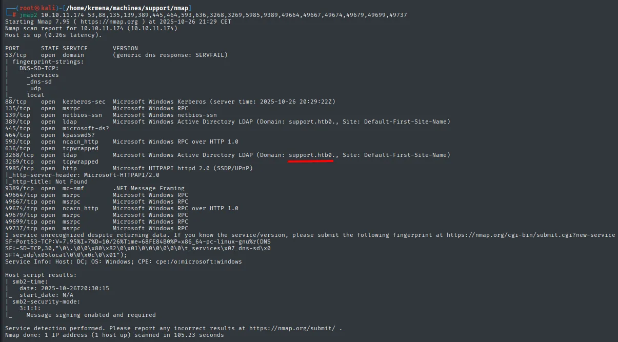 Escaneo nmap con detección de versión: LDAP revela el dominio support.htb