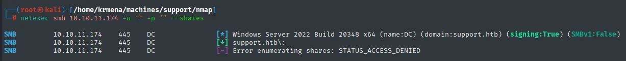 netexec autentica la sesión nula contra support.htb pero al pedir los recursos devuelve Error enumerating shares: STATUS_ACCESS_DENIED