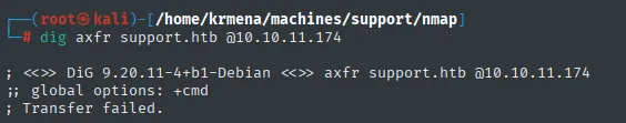 dig axfr contra el DC responde Transfer failed, sin entregar ningún registro