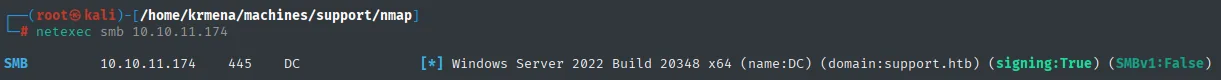 netexec confirma un Windows Server 2022 Build 20348, nombre DC y dominio support.htb con firma SMB obligatoria