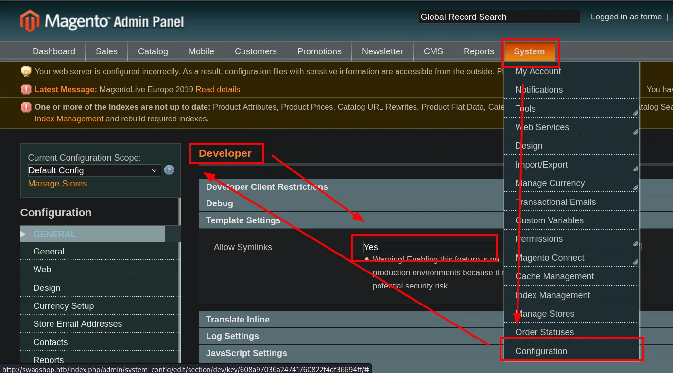 el menú System desplegado con Configuration resaltado, y dentro la sección Developer con Template Settings y Allow Symlinks puesto a Yes