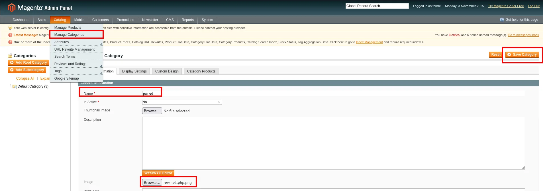 subida de revshell.php.png en el campo Image de una categoría nueva llamada pwned
