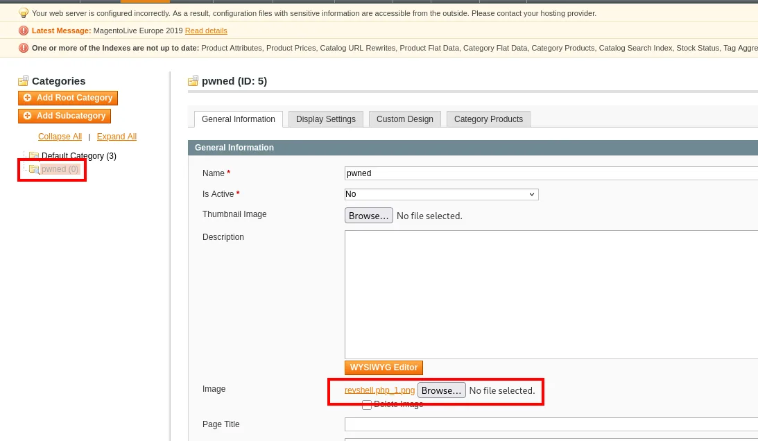 la categoría pwned (ID: 5) muestra la imagen guardada como revshell.php_1.png