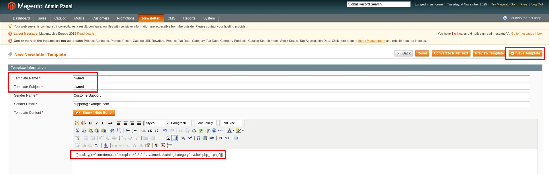 plantilla de newsletter con el bloque que apunta a la webshell