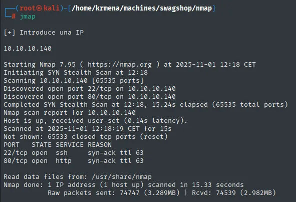 nmap TCP completo: solo 22 (SSH) y 80 (HTTP) abiertos, con syn-ack ttl 63
