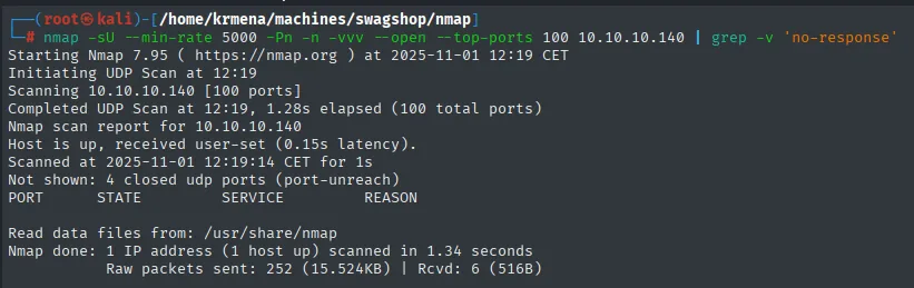 nmap UDP top-100: 4 puertos closed y ninguno abierto