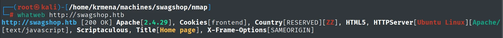whatweb sobre swagshop.htb: Apache 2.4.29, cookie frontend, Scriptaculous
