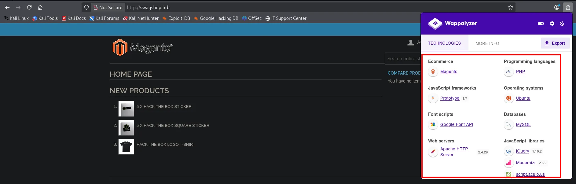Wappalyzer sobre swagshop.htb: Magento, PHP, MySQL, Ubuntu, Prototype 1.7 y jQuery 1.10.2