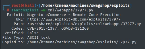 searchsploit -m: 37977.py mapeado a CVE-2015-1397 y OSVDB-121260, Verified False