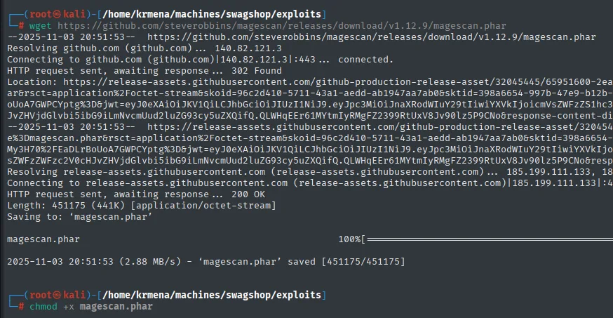 el wget descarga los 441 KB de magescan.phar desde la release v1.12.9 y el chmod le da permiso de ejecución