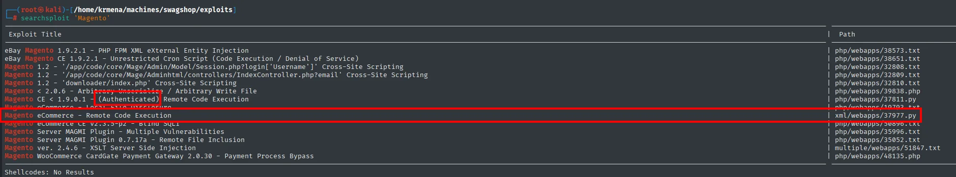 searchsploit Magento: catorce resultados, uno de ellos marcado (Authenticated)