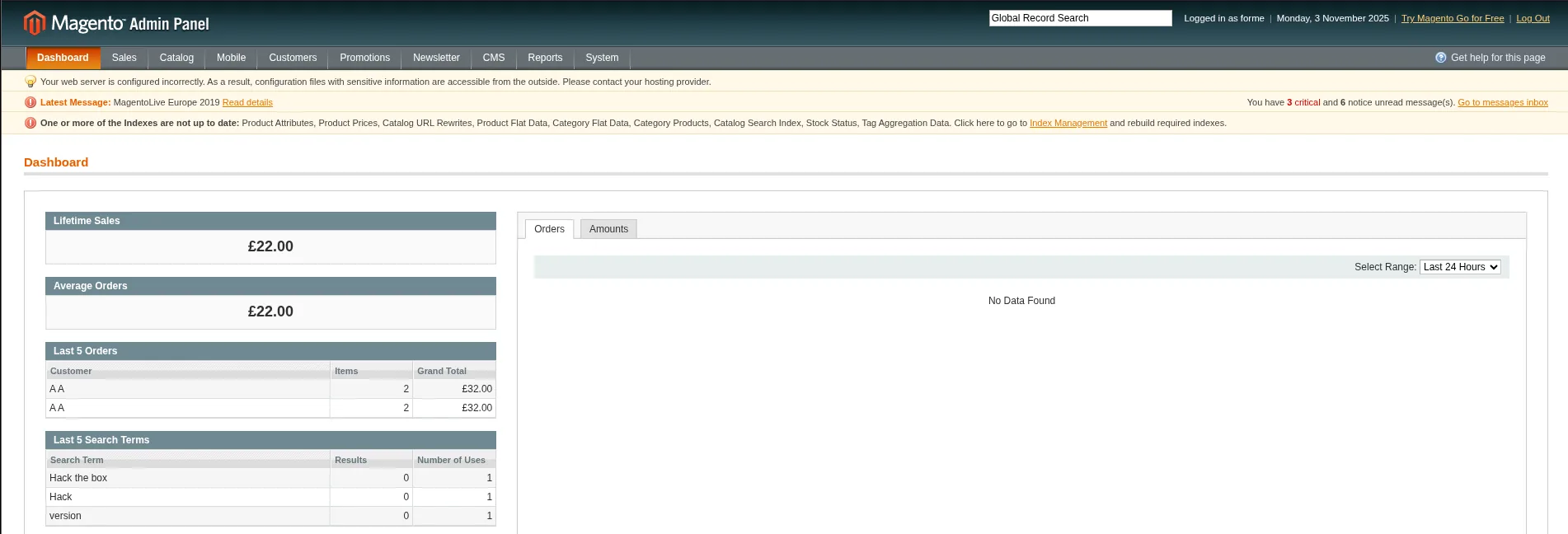 dashboard del Magento Admin tras autenticarse como forme