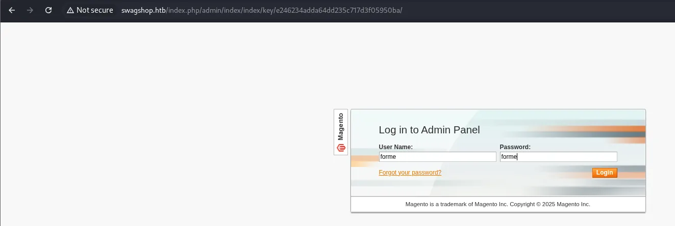 el Log in to Admin Panel de Magento con forme escrito en User Name y en Password