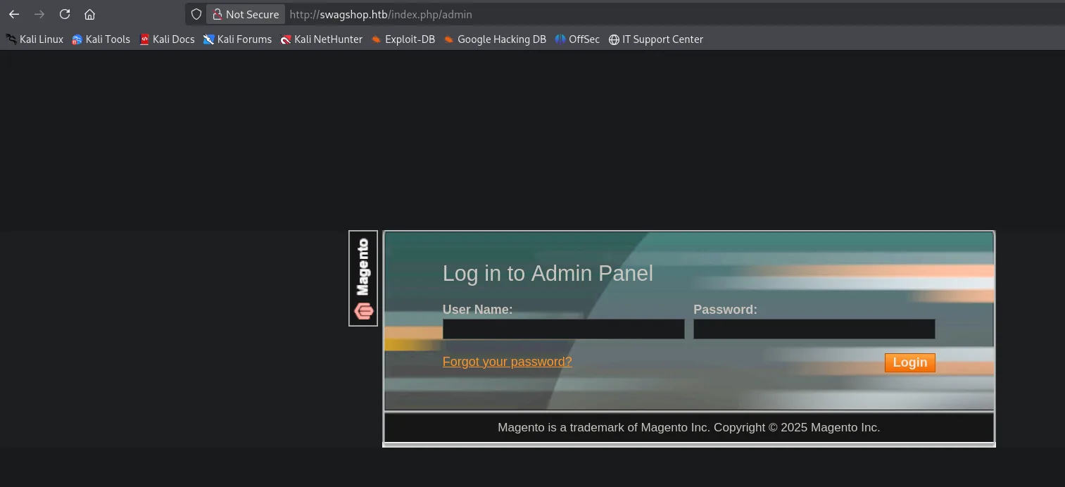 panel de login del Magento Admin