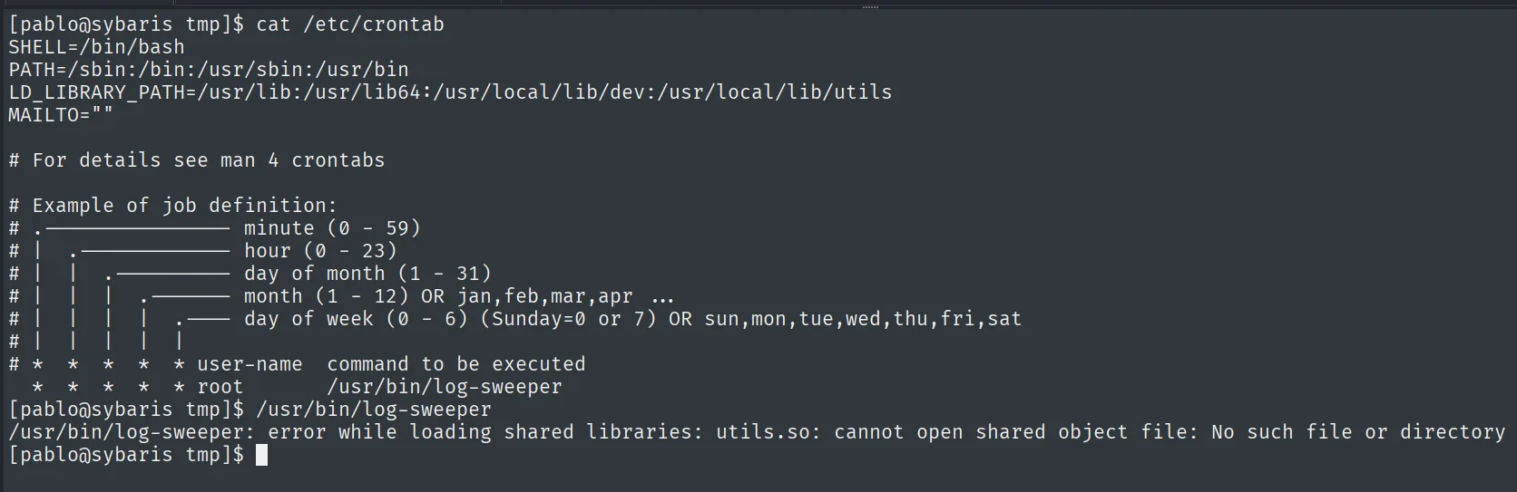 /etc/crontab con LD_LIBRARY_PATH incluyendo /usr/local/lib/dev y el cron de root /usr/bin/log-sweeper, que falla por utils.so ausente