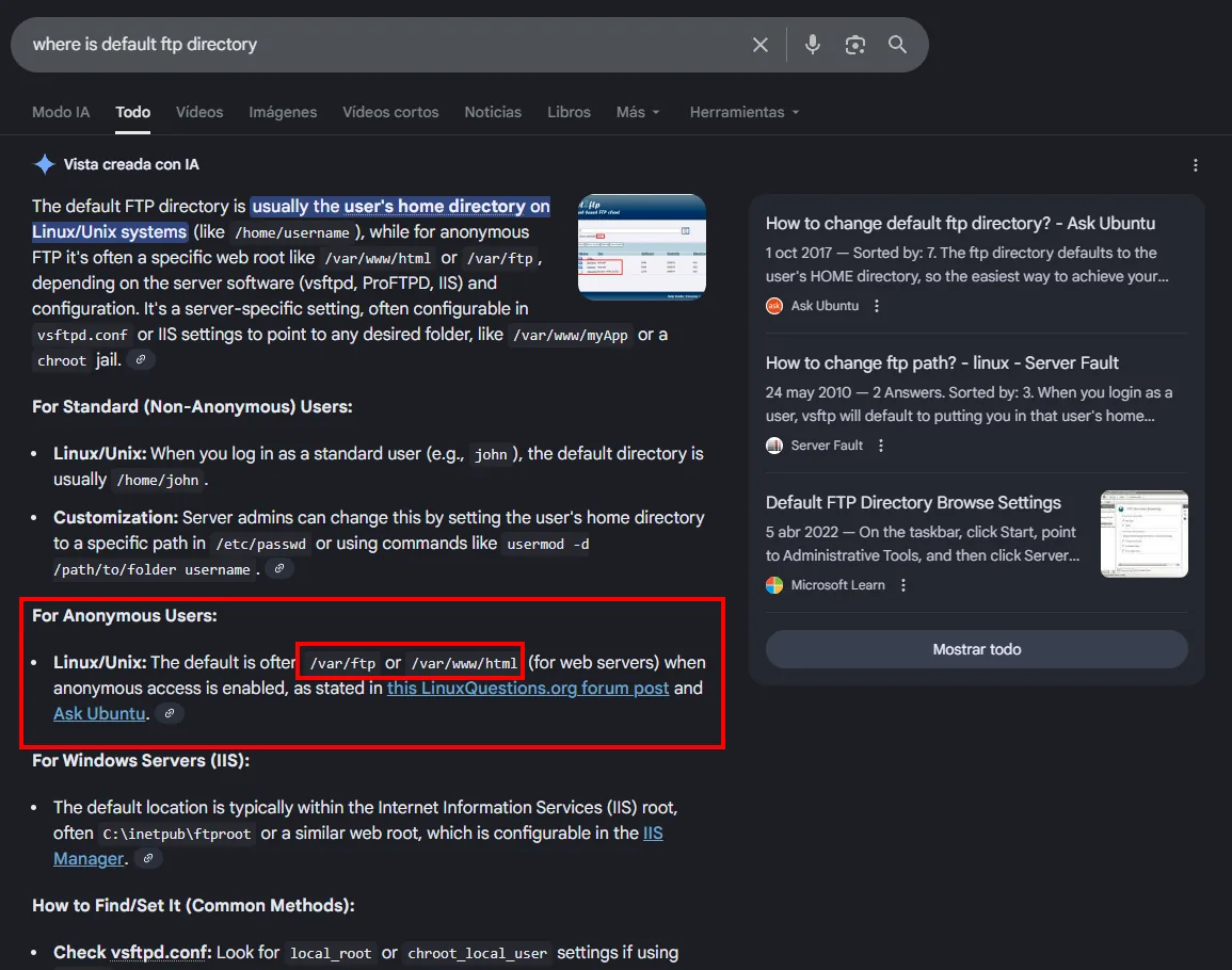 Búsqueda "where is default ftp directory": el anónimo en Linux usa /var/ftp o /var/www/html