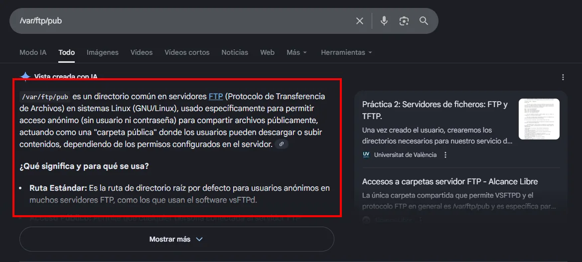 Búsqueda "/var/ftp/pub": es la carpeta pública estándar del FTP anónimo en vsftpd