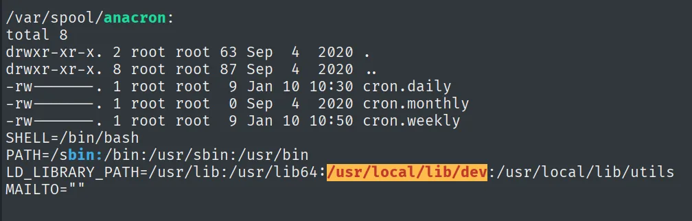 linpeas resaltando el directorio escribible /usr/local/lib/dev dentro del LD_LIBRARY_PATH del cron