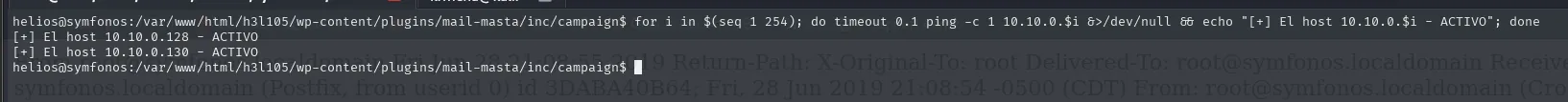 el bucle de ping sweep sobre 10.10.0.0/24 devuelve solo dos hosts activos, el .128 y el .130